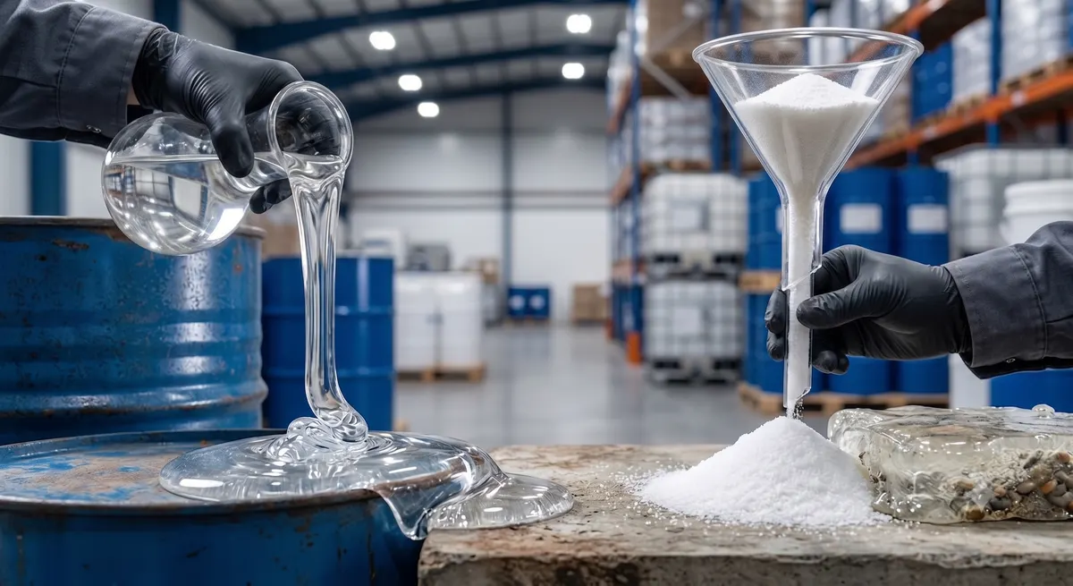 Resin being poured next to blue drums in an MRC Chemicals warehouse