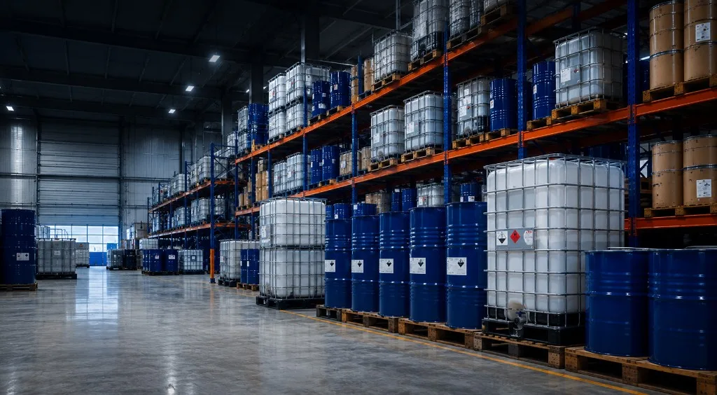 MRC Chemicals industrial warehouse with chemical storage drums and IBC tanks